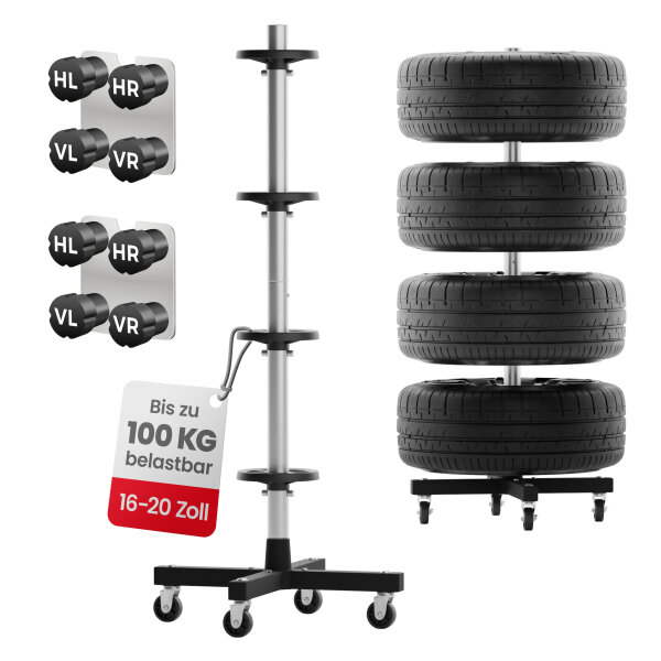 GENTOR Felgenbaum fahrbar &ndash; Reifenst&auml;nder f&uuml;r 4 Reifen bis 225mm, belastbar 100kg, inkl. 8 Reifenmarkierer